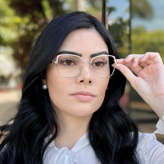 Óculos de Grau Gatinho de Metal Branco com Rosa Lolita