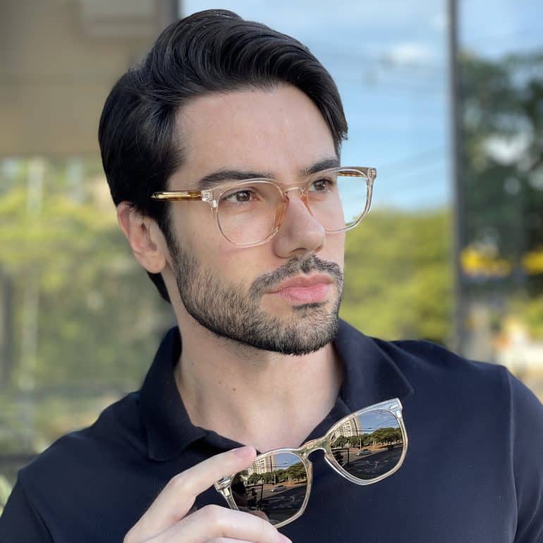 safine com br oculos 2 em 1 clip on masculino hexagonal champanhe juliano 1